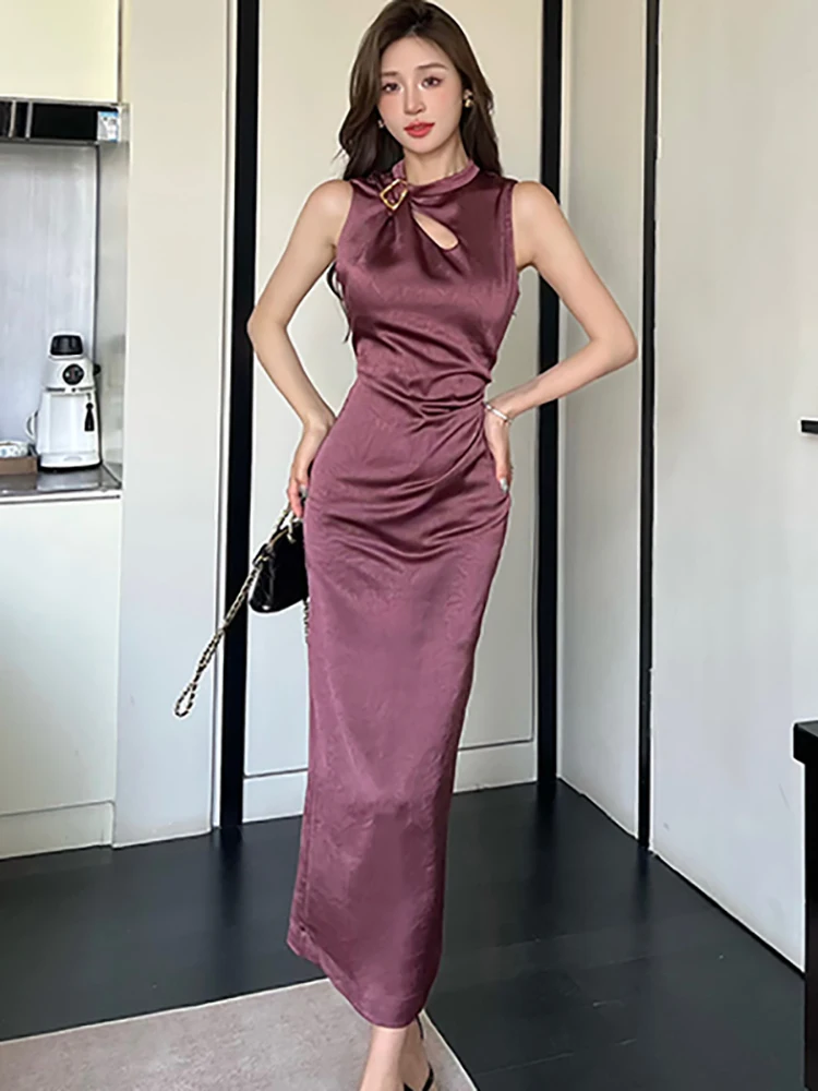 Verano púrpura satén Jacquard ahueca hacia fuera el vestido largo con cuello levantado mujeres elegante vestido internacional de lujo 2025 vestido coreano Chic