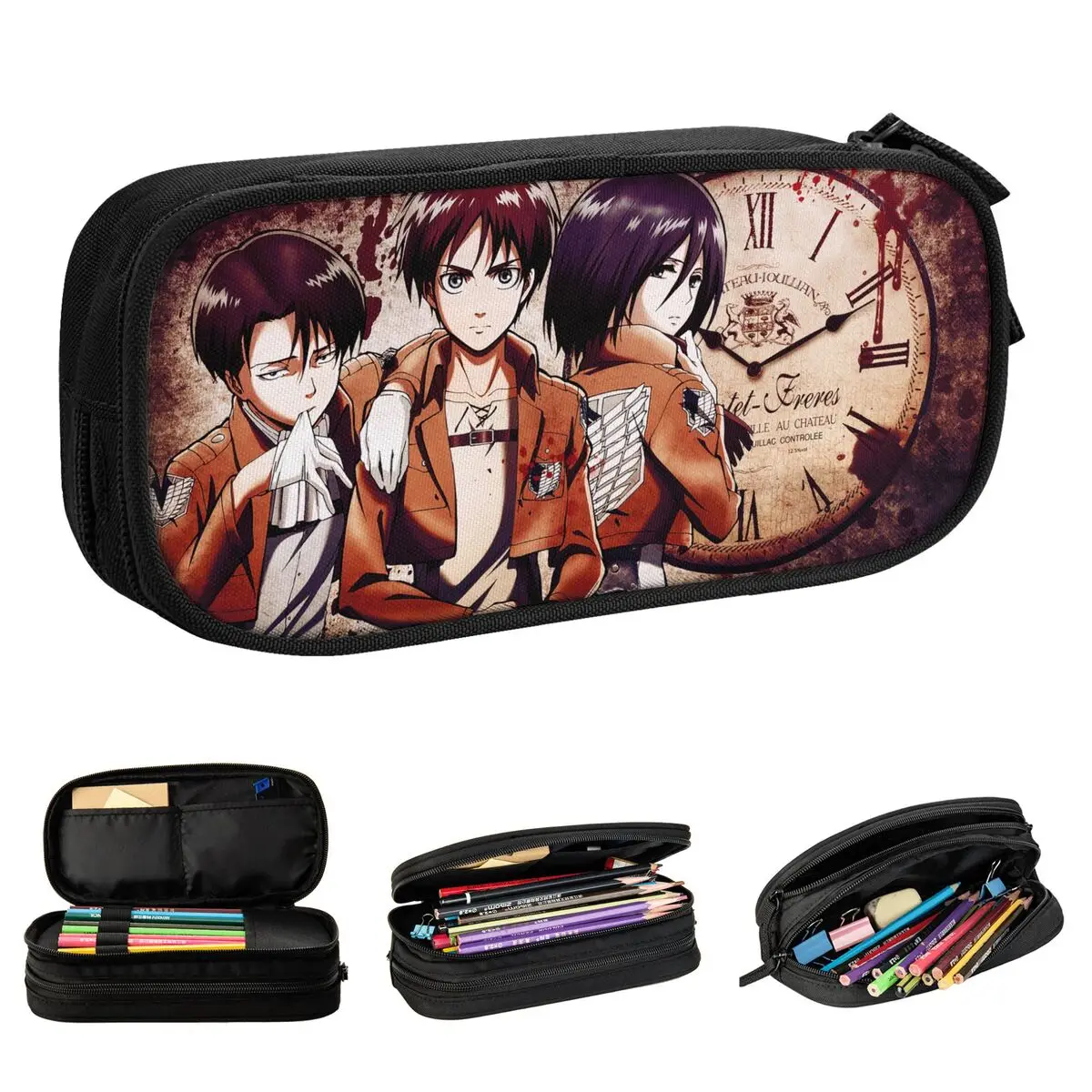 مقلمة Levi Eren Anime Attack on Titan Pencil Pouch Pen حقيبة تخزين كبيرة للوازم المدرسية والقرطاسية التجميلية