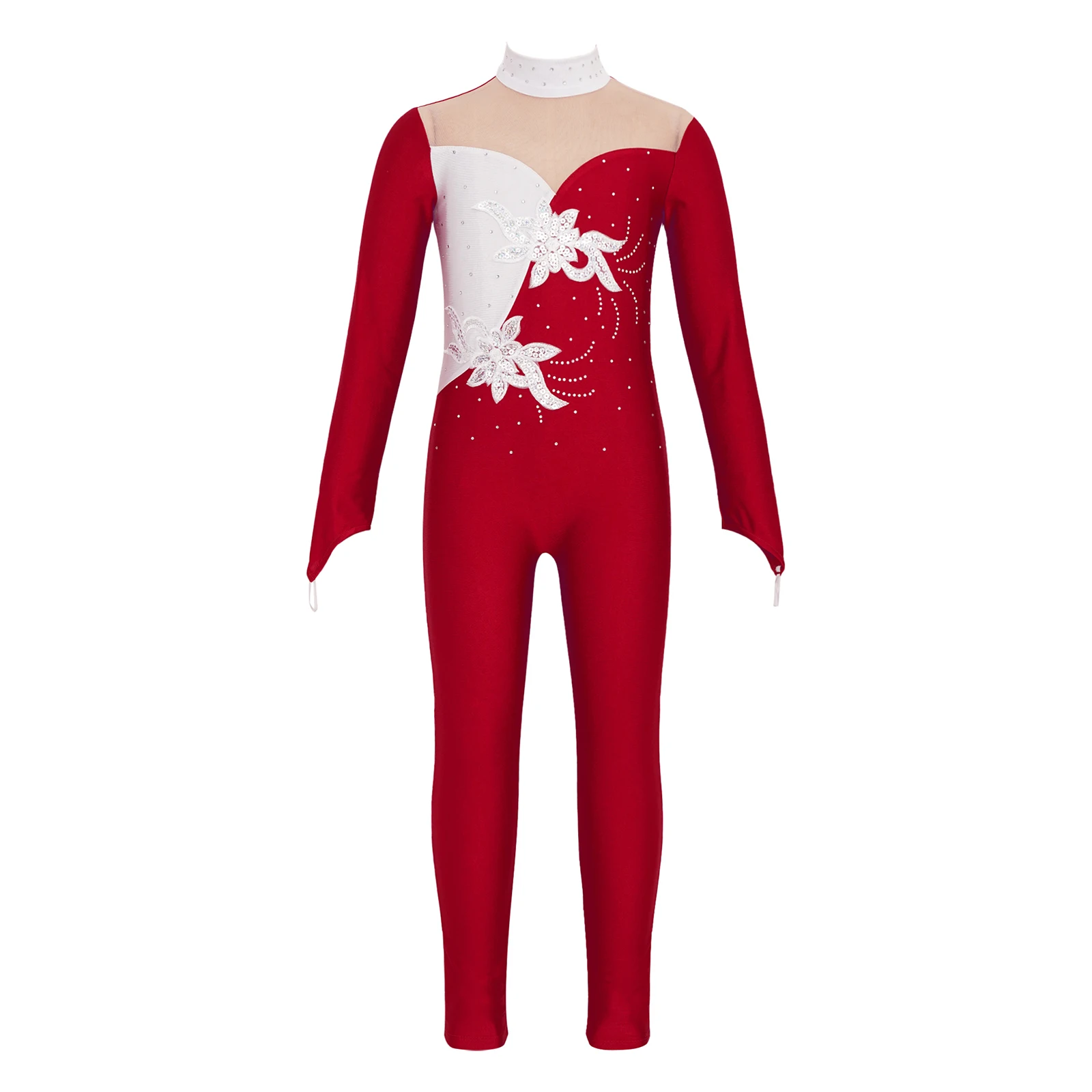 2023 Kids Girls Dance Costumes Sparkly Sequined Applique Rhinestone Unitard Color Block Patchwork Long Sleeve Mock Neck Jumpsuit