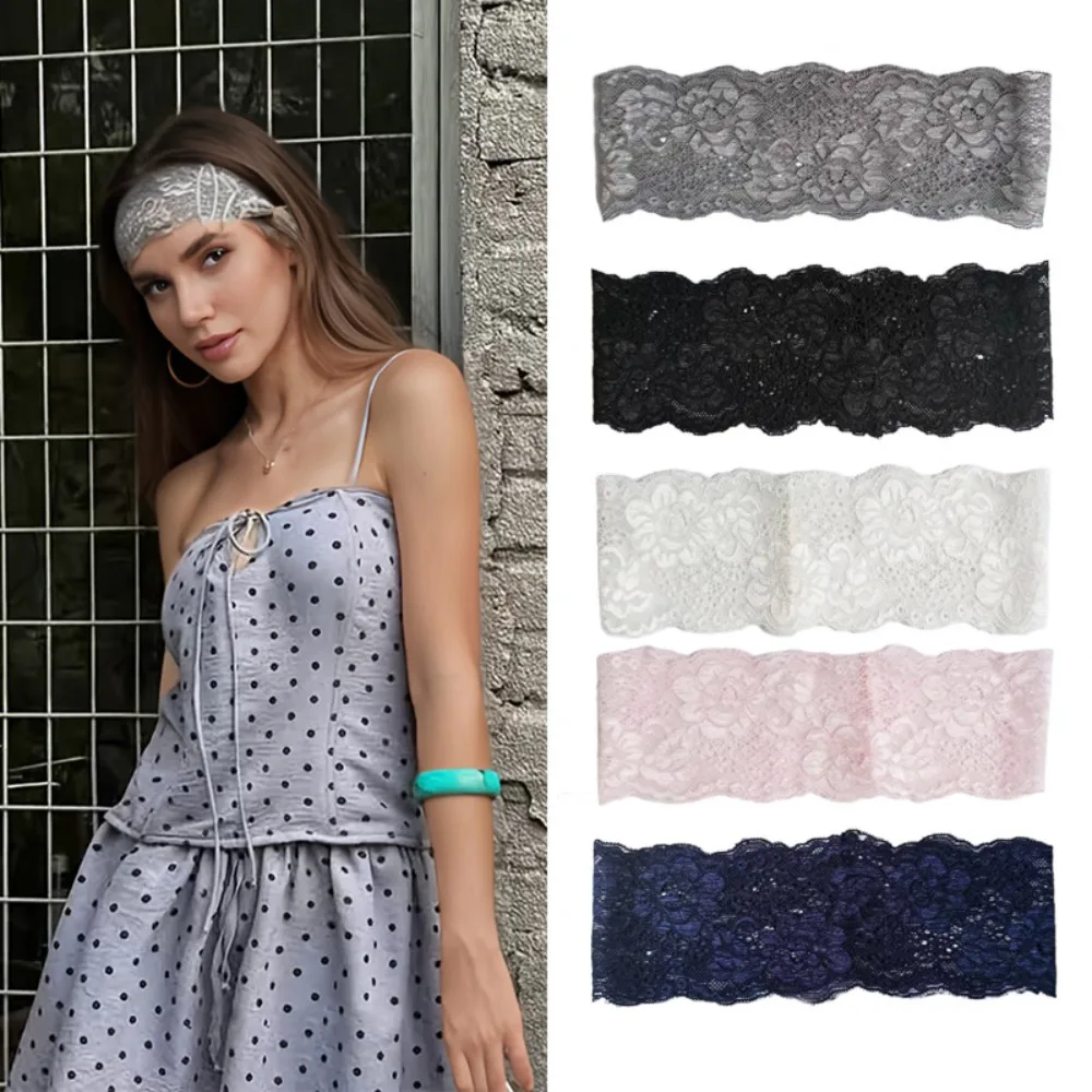 Lace Floral Headband Solid Color Wide Hollow Lightweight Headband Breathable Mesh Elastic Headband for Women