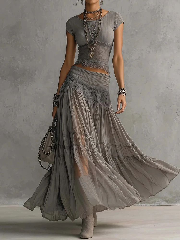 

Women Summer Solid Color Turtleneck Sleeveless Short Top with Maxi Skirt Set Patchwork Holiday Outfit Streetwear Two-Piece Set