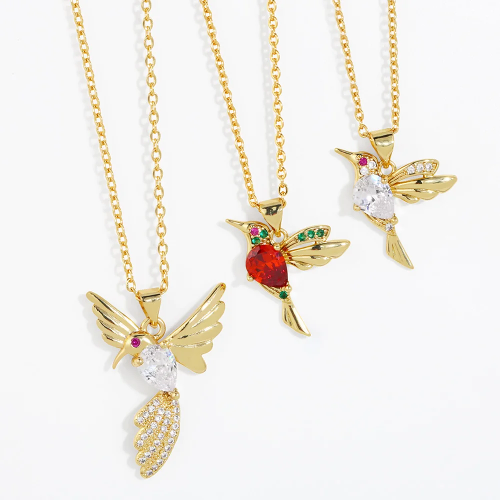 FLOLA Cute Red Crystal Humming Bird Necklaces for Women Copper Zirconia Woodpecker Necklace Animal Jewelry Gifts nkeb768