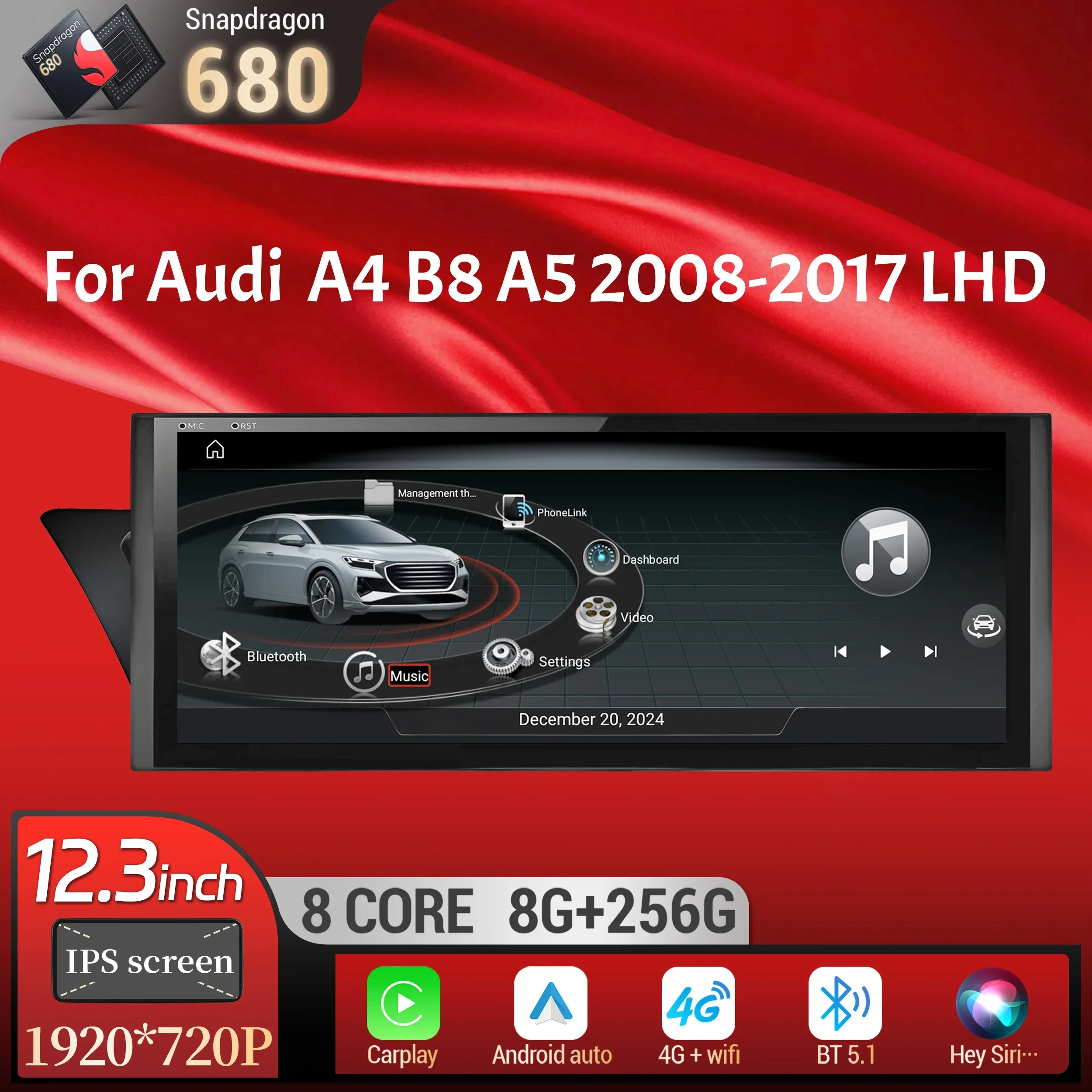 

12.3 inch Left Hand Drive Android 14 Car Radio For Audi A4 B8 A5 2008-2017 BT Carplay Qualcomm Snapdragon 680 Head Unit Screen