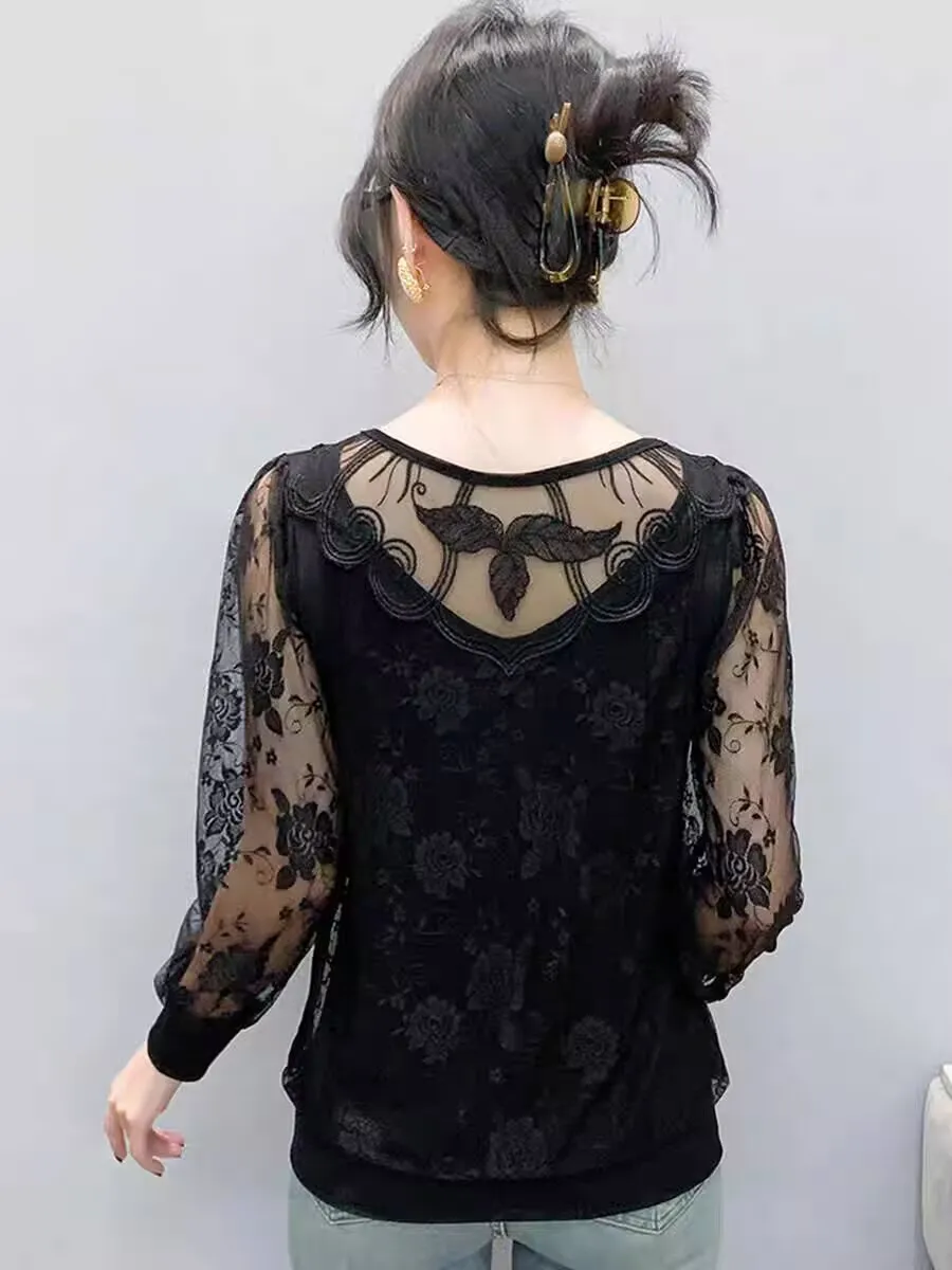 2025 جديد وصول الماس مجموعة مقوس دانتيل الفن الساحرة تي شيرت الربيع الصيف امرأة طويلة الأكمام فانوس كم شير عارية الذراعين