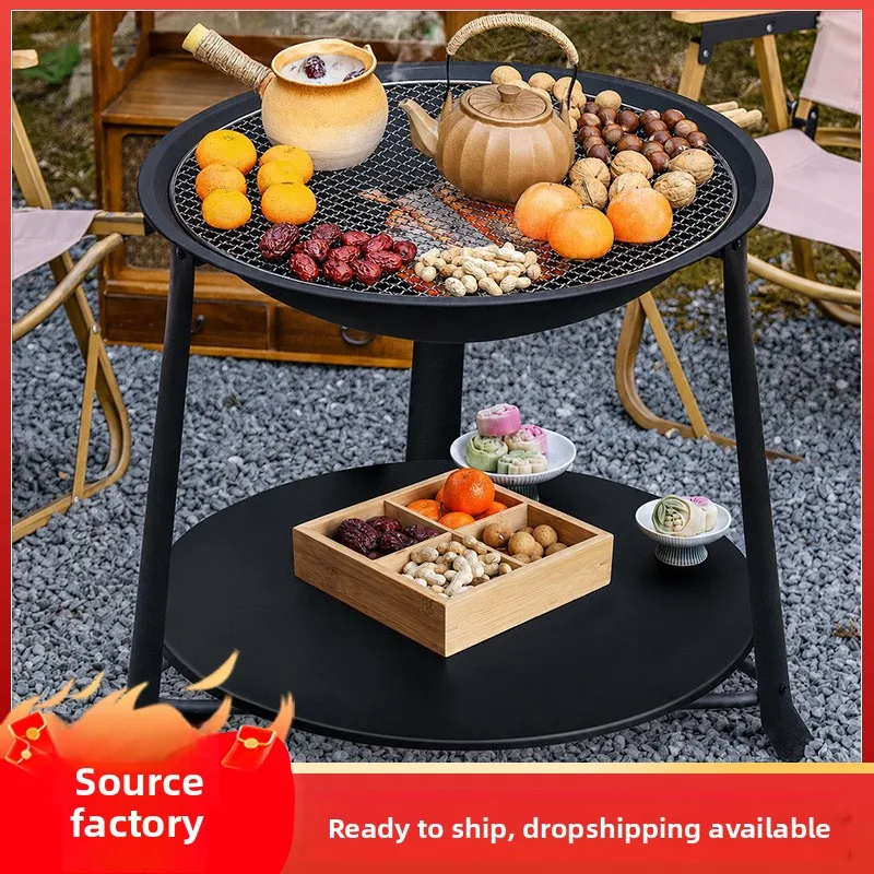 Double-Layer Charcoal Fire Pit Set for Tea Brewing, Patio Warming and Barbecue, with Optional Grilling Rack and Storage Bag