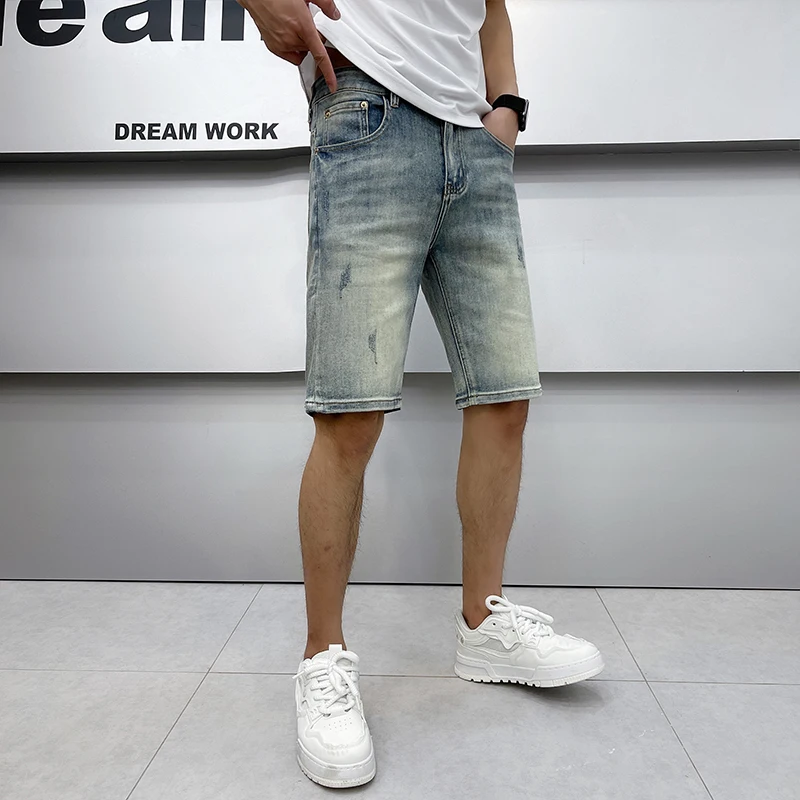 2024 Summer thin section retro light blue denim shorts high-end trend fashion leisure loose straight MEN'S pants 7 pants