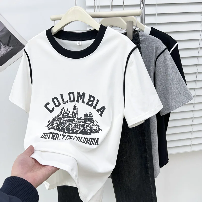 

Летний топ больших размеров весом 100 кг, новые темпераментные футболки с короткими рукавами и цветным принтом, женская футболка 2505