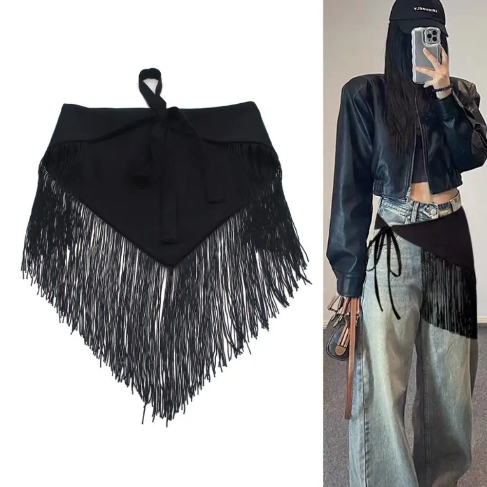 

Black Tassels Curtain Skirt Offbeat Women Belt Casual Decorative Waist Belt For Jeans Dress Coat Decor Triangle Hair Scarf Hot