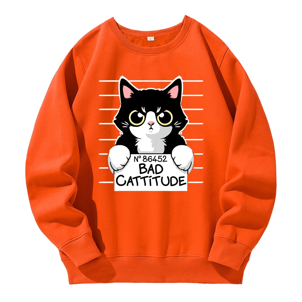 No86452 Bad Cattitude Funny Cat Printing Man Tracksuit Novelty Funny Tide Hoody Fashion Sports Street Hoodie Warm Fleece Hooded