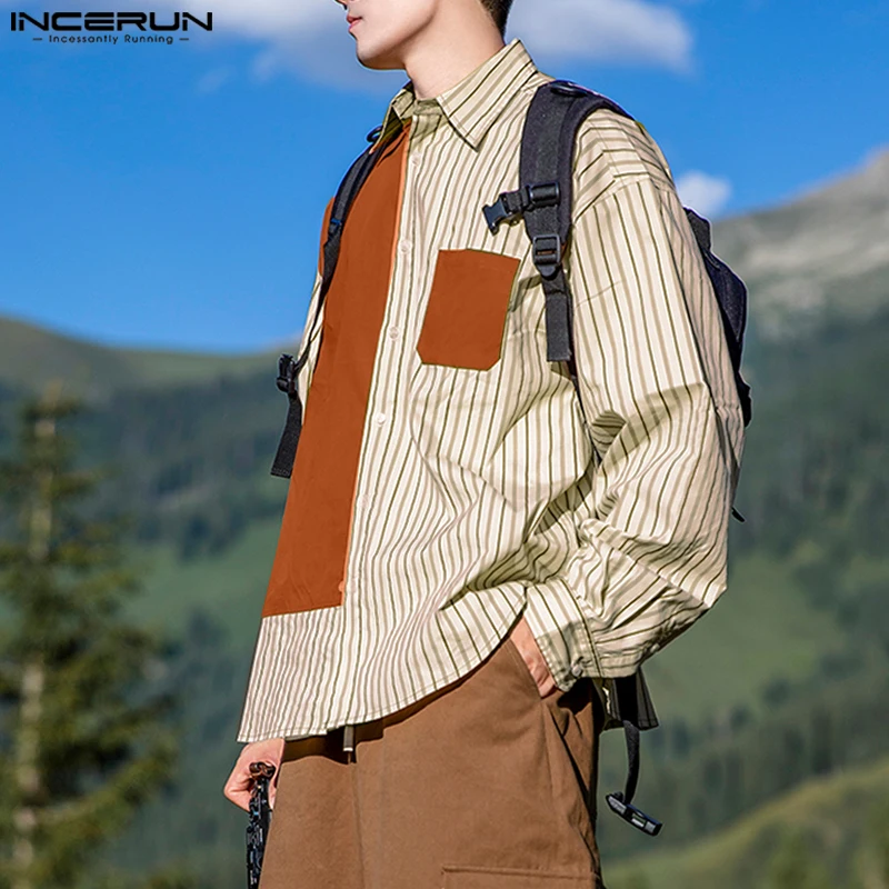 

INCERUN Мужская рубашка в полоску в стиле пэчворк с лацканами и длинными рукавами, свободная мужская одежда, уличная одежда в корейском стиле, модные повседневные мужские рубашки, топы