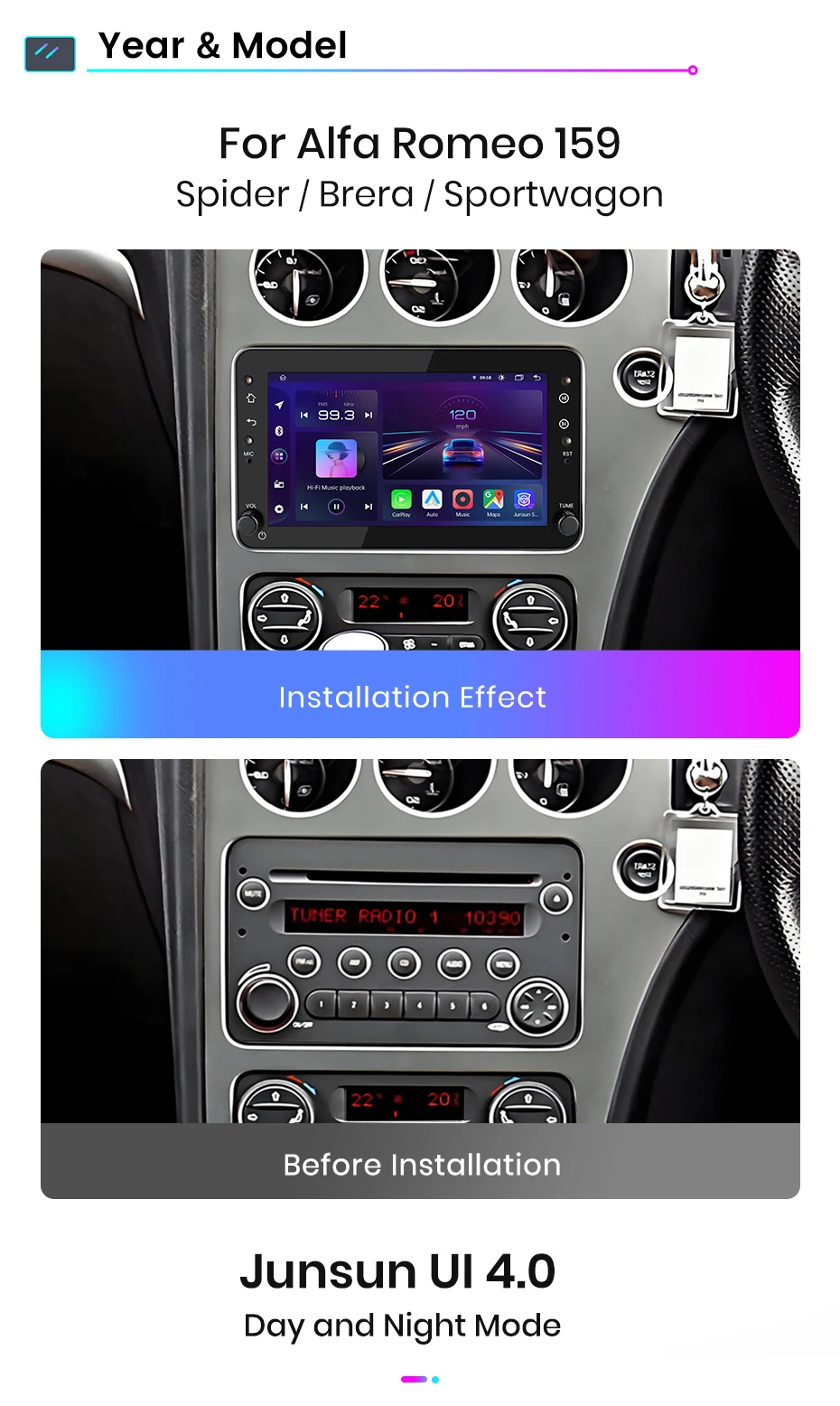 Junsun 7" Wireless Carplay Android Auto Autoradio für Alfa Romeo 159 Brera Spider Sportwagon Stereo GPS Multimedia Player FM SWC – Detail 6