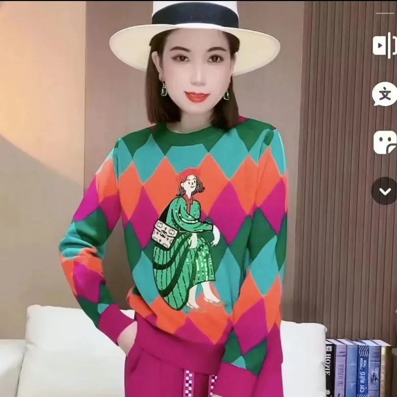 الفرنسية التطريز الترتر متماسكة البلوز سترة ملابس حريمي موضة كم طويل تريكو القمم البلوز