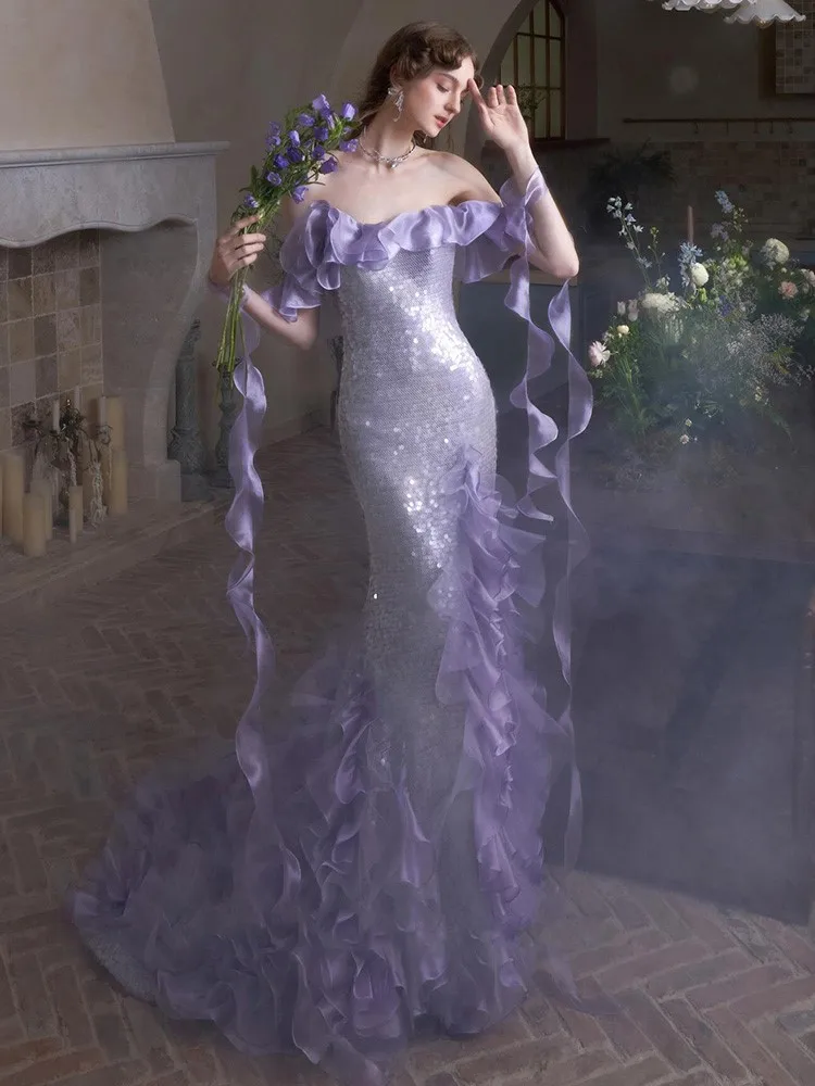 

Purple one-shoulder heavy sequin banquet fishtail toasting dress