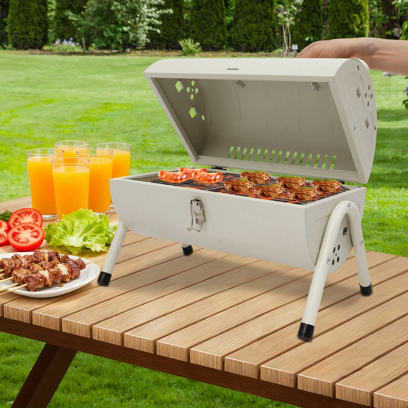 

Double-Sided Charcoal Braiser Grill Tabletop 2 Baking Nets Portable Outdoor Camping BBQ Smoke Exhaust Ventilation Safety, White