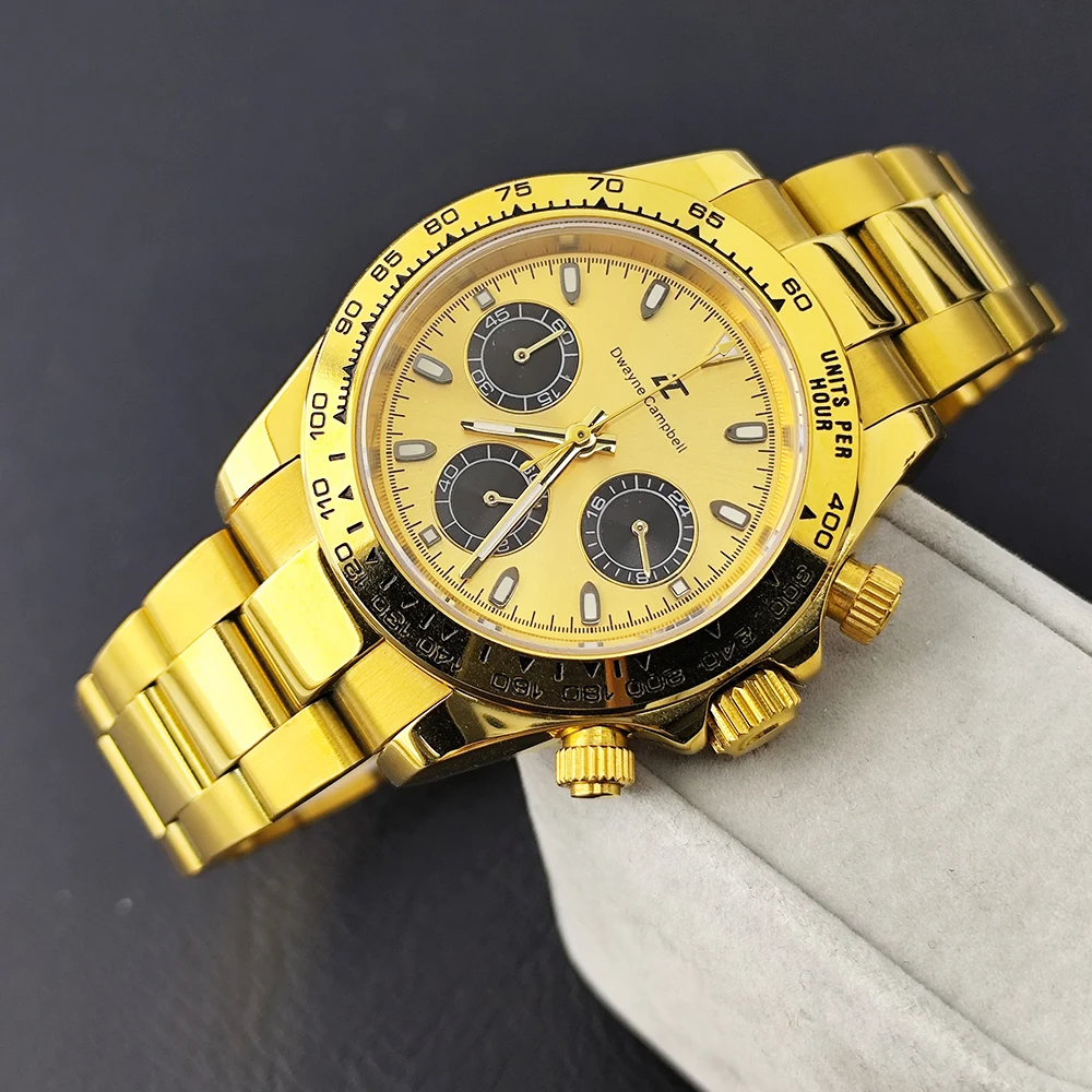 

Watches For Man Dwayne Campbell Golden Quartz Watch Sapphire Glass VK63 Quartz Movement Chronograph Rubber/Stainless Steel Strap
