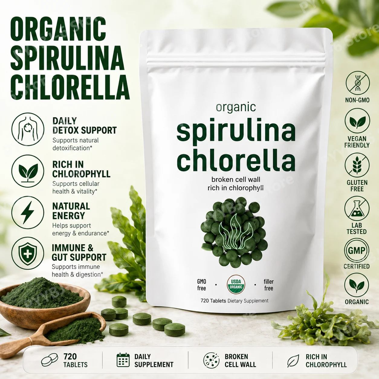 Tabletas de Espirulina y Chlorella Orgánicas 3000mg 720 Unidades Mezcla de Superalimentos con Proteína Vegana Energía Inmunidad Soporte Digestivo