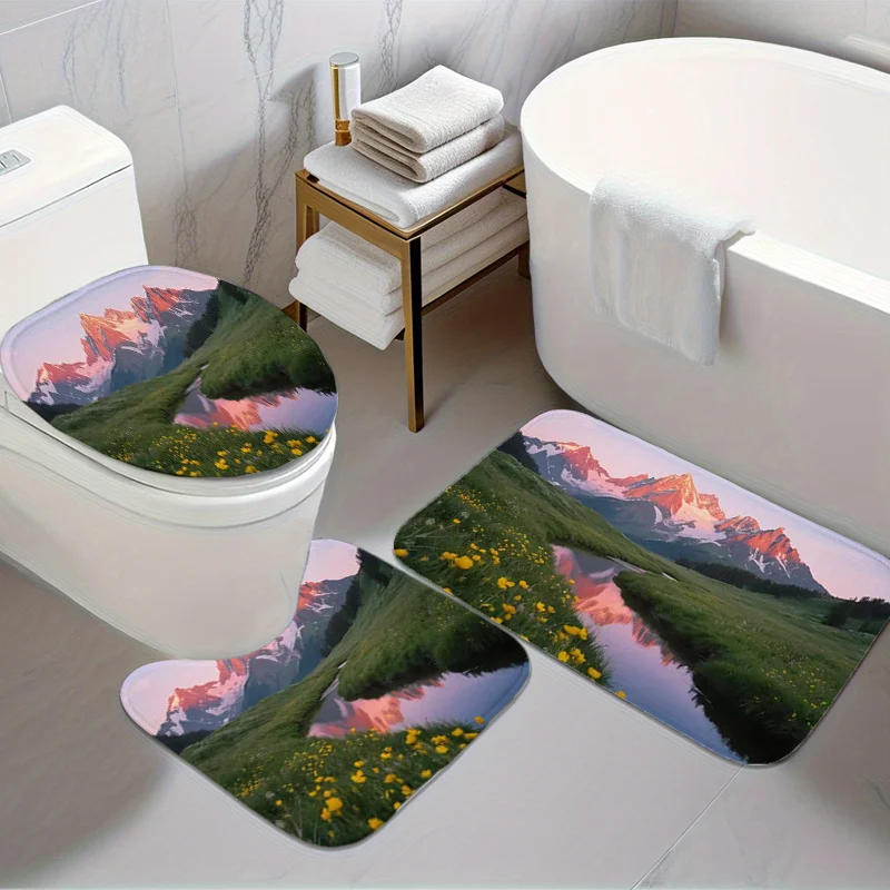 

Mountain Meadow 3pc Bath Set – Green Field, Flowers & Reflection, Flannel Toilet Cover, U Mat & Floor Rug, Soft Non-Slip Decor