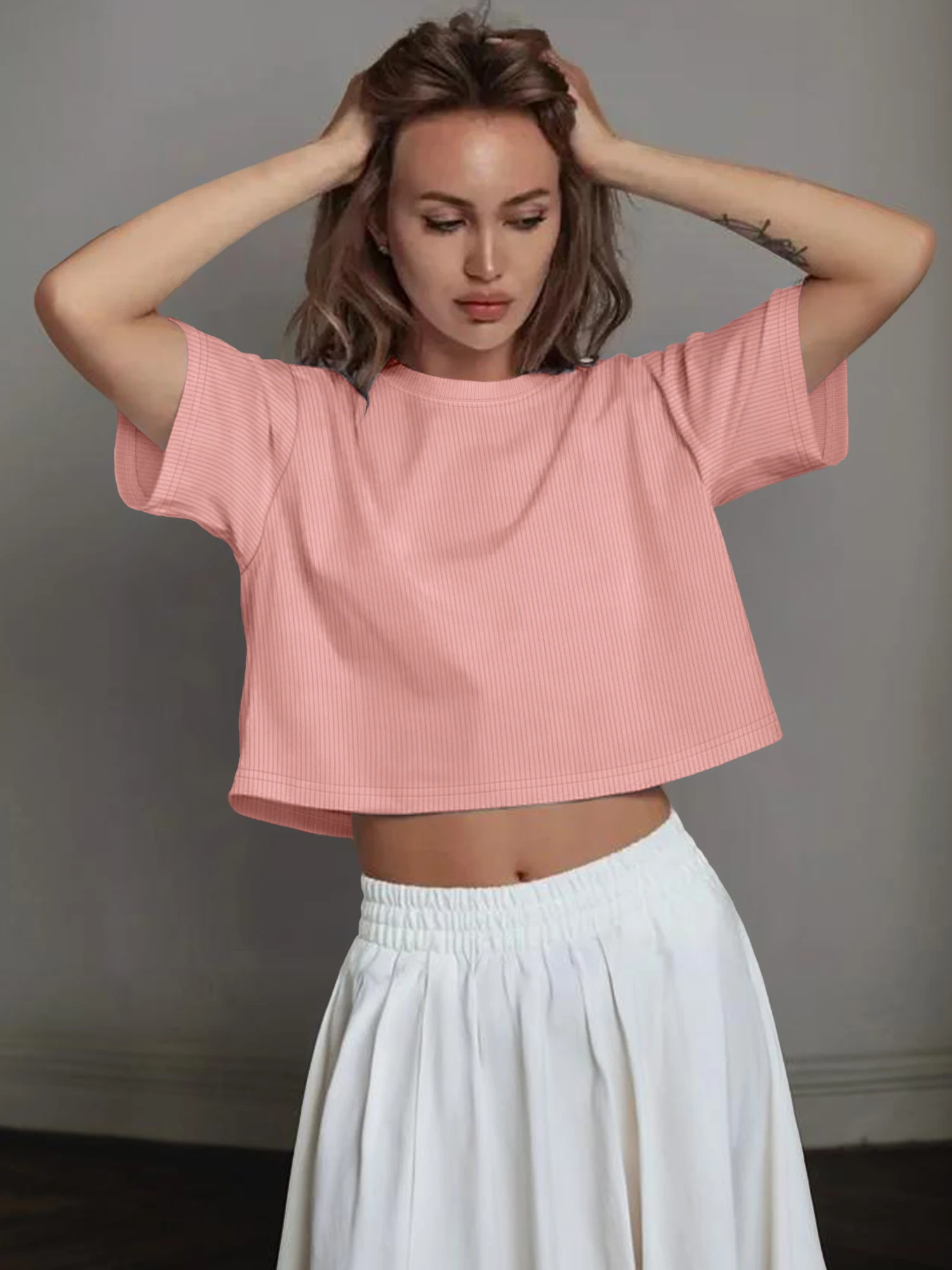 Gentle Casual Loose Fit Crop Top, Ribbed Short Sleeve Shirt for Picnic Gatherings & Day Trips