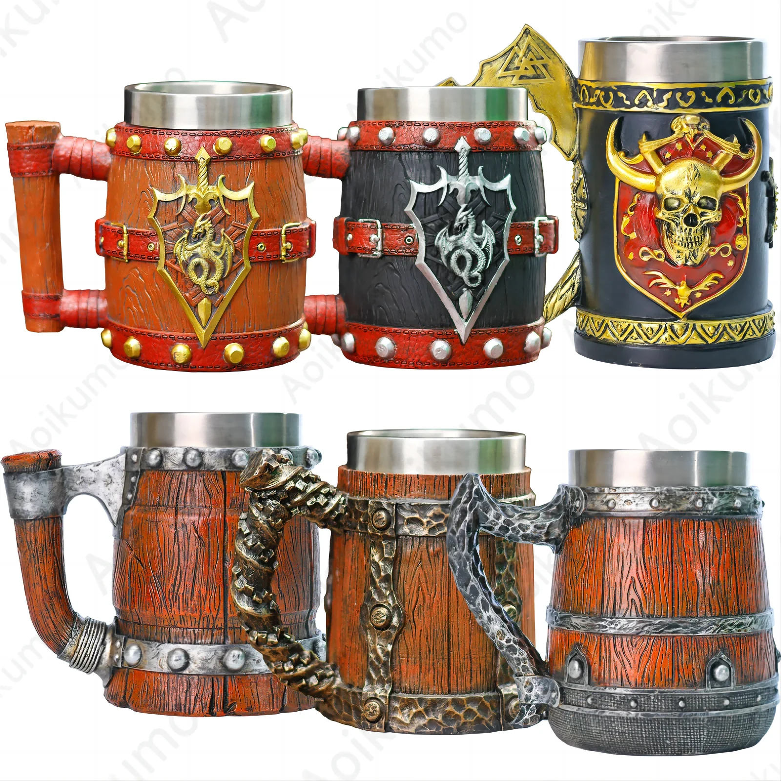 Dragon Sword and Shield Barrel Tankard Medieval Vintage 304 Stainless Steel Wooden Viking Stein Tea Coffee Mug Beer Cup 500ml