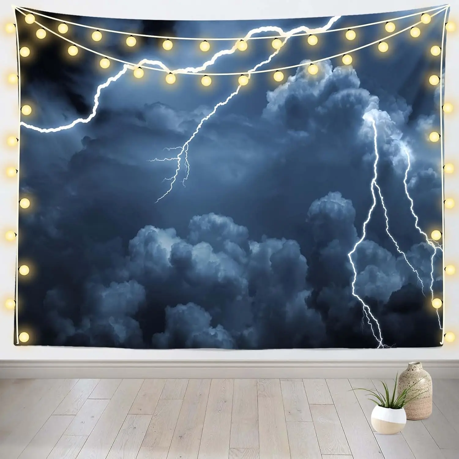 Storm Lightning Tapestry, Dramatic Dark Blue Sky with Flashing Lightning and Swirling Clouds Print Wall Hanging for Home Decor