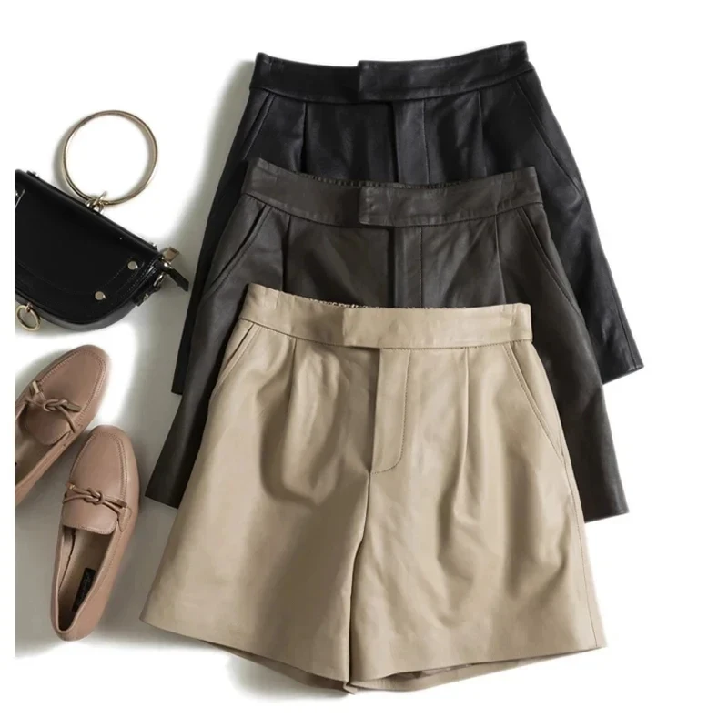 Fashion Classic Simple Imported Lambskin Shorts For Women Autumn Elastic Waist Wide Leg Pocket Bermuda Leather Wide Leg Pants