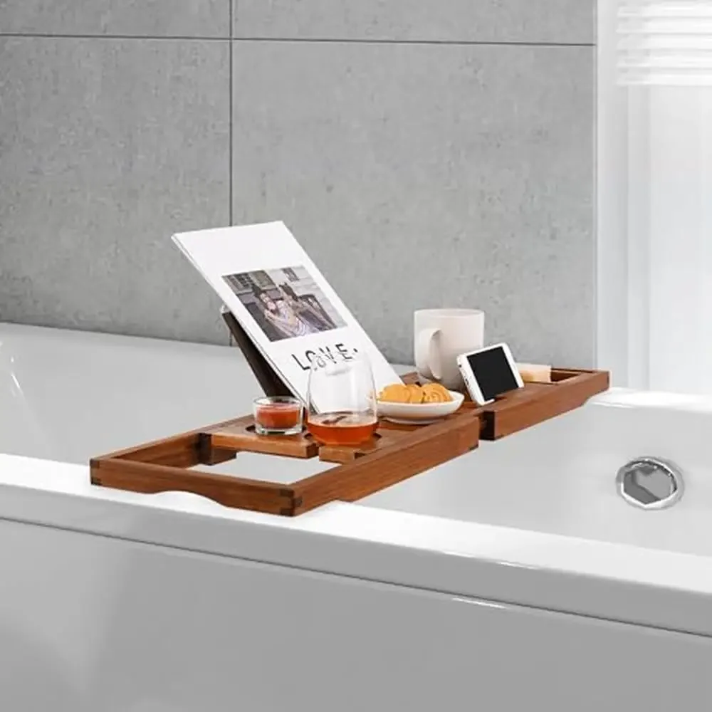 Teak Bath Tray Tub Organizer Book Tablet Wine Glass Cup Towel Holder Adjustable Premium Quality Bathtub Caddy Unique Design