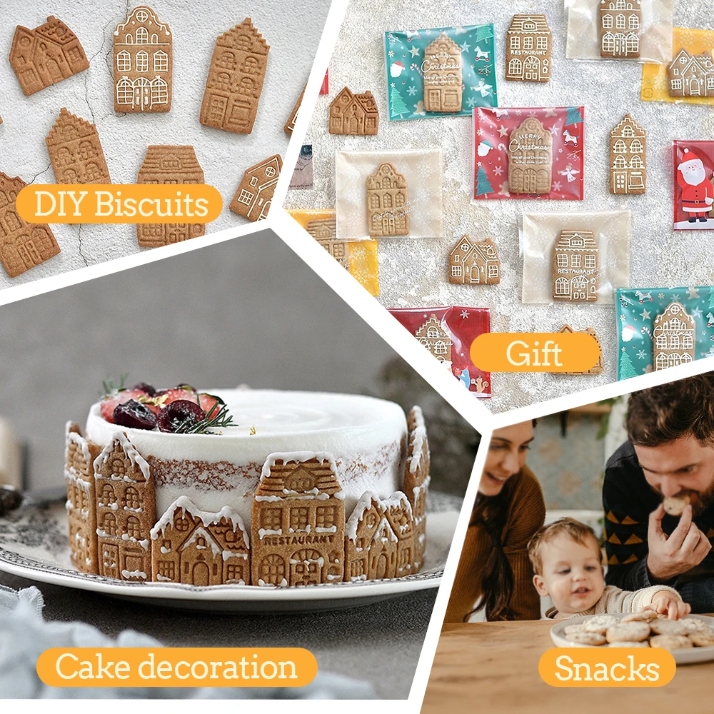 4Pcs Christmas Gingerbread House Pattern Cookie Cutter Biscuit Stamp Fondant Cake Decoration Baking Accessories Kitchen Gadgets