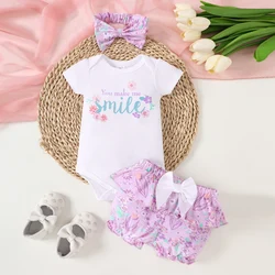 2PC Summer Baby Girl Set Flower Letter Pattern Short Sleeve jumpsuit Bow Flower Print Shorts 0-1 Year Old Girl Three Piece Set