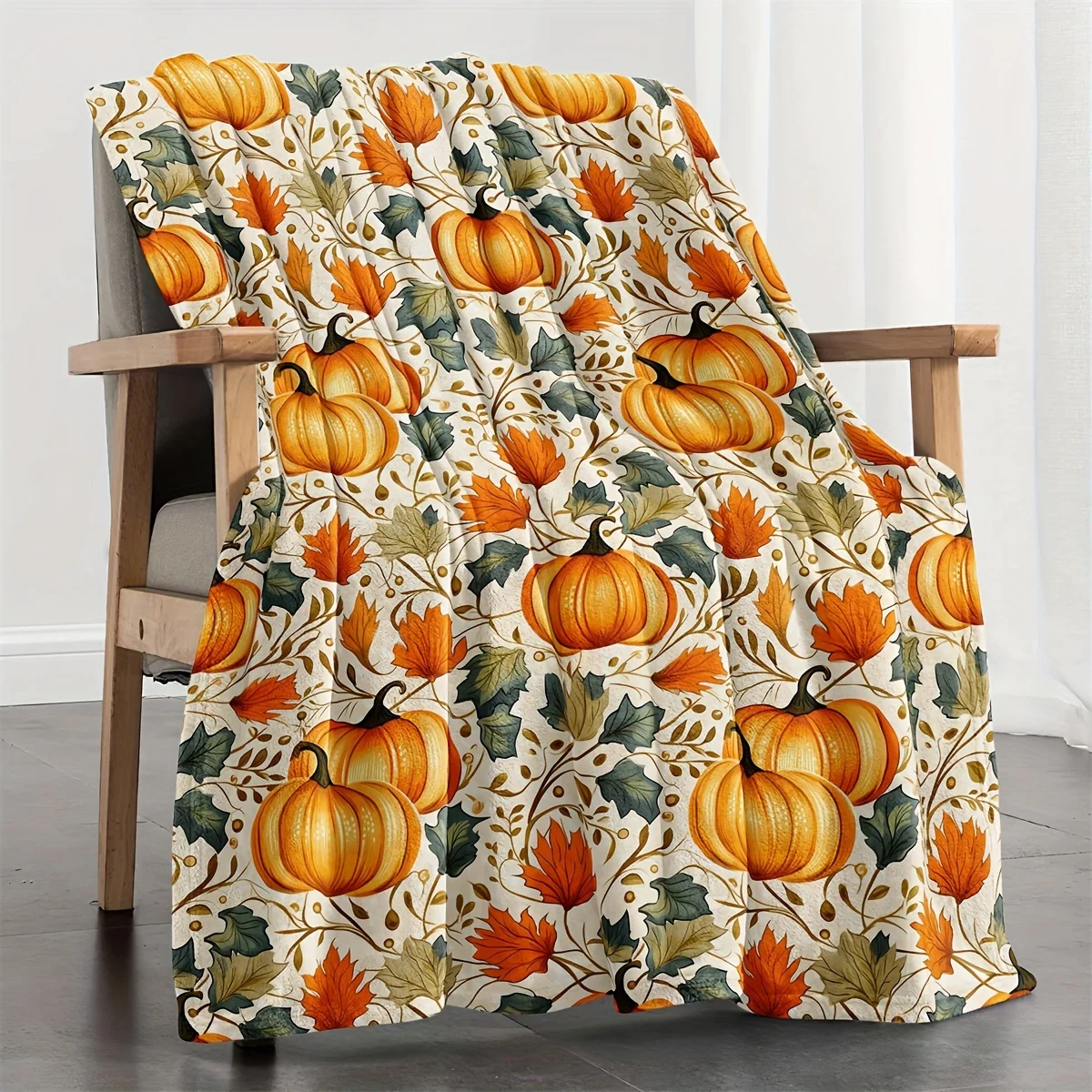 Contemporary Style Halloween Throw Blanket, Pumpkin & Maple Leaf Sofa & Bed Cover, Comfortable Flannel, Reversible