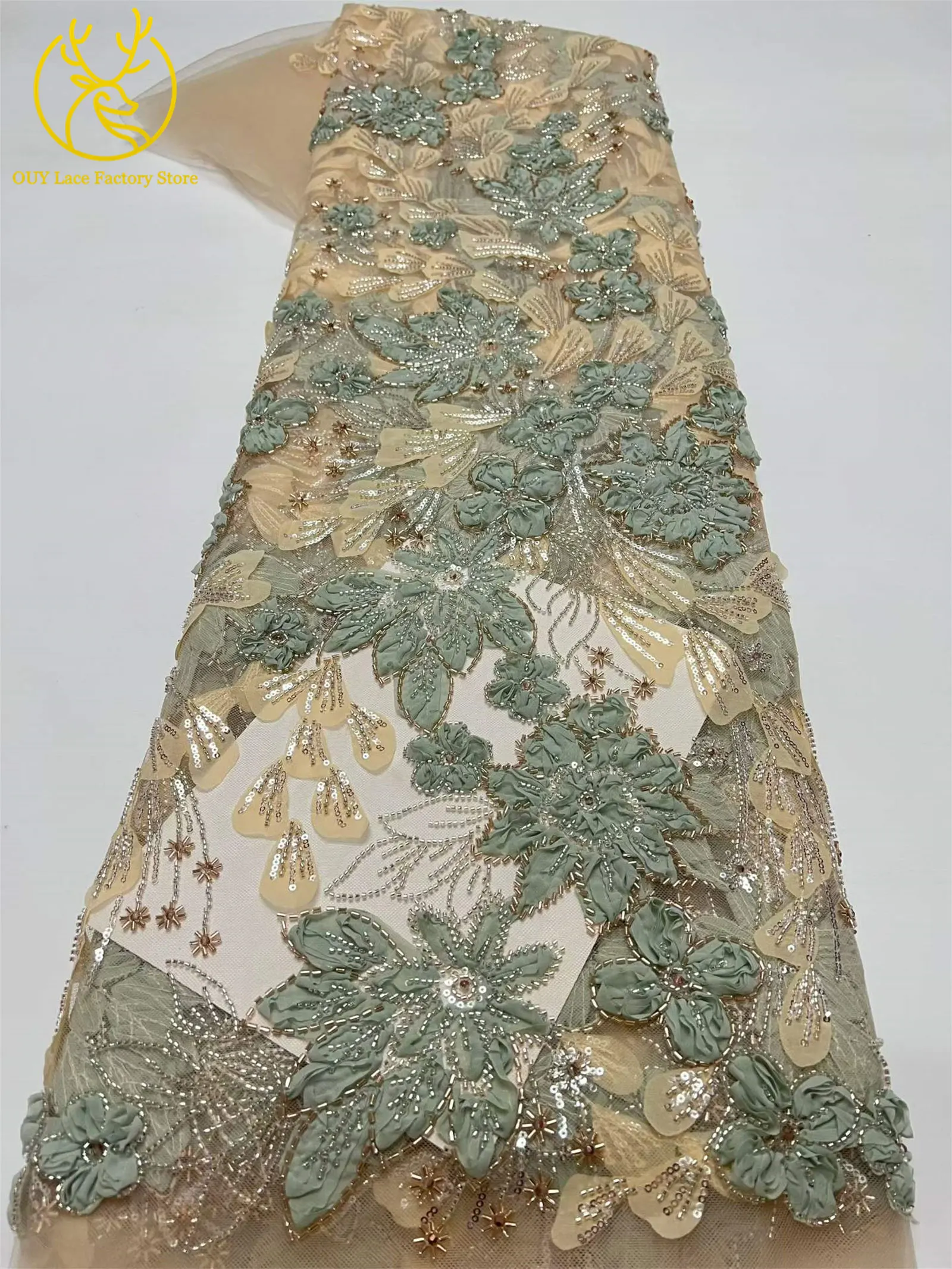 Exquisiter französischer Spitzenstoff mit Blumenstickerei und Pailletten, afrikanischer Perlen-Spitzenstoff für nigerianische Party- und Hochzeitskleider zum Nähen. – Detail 16