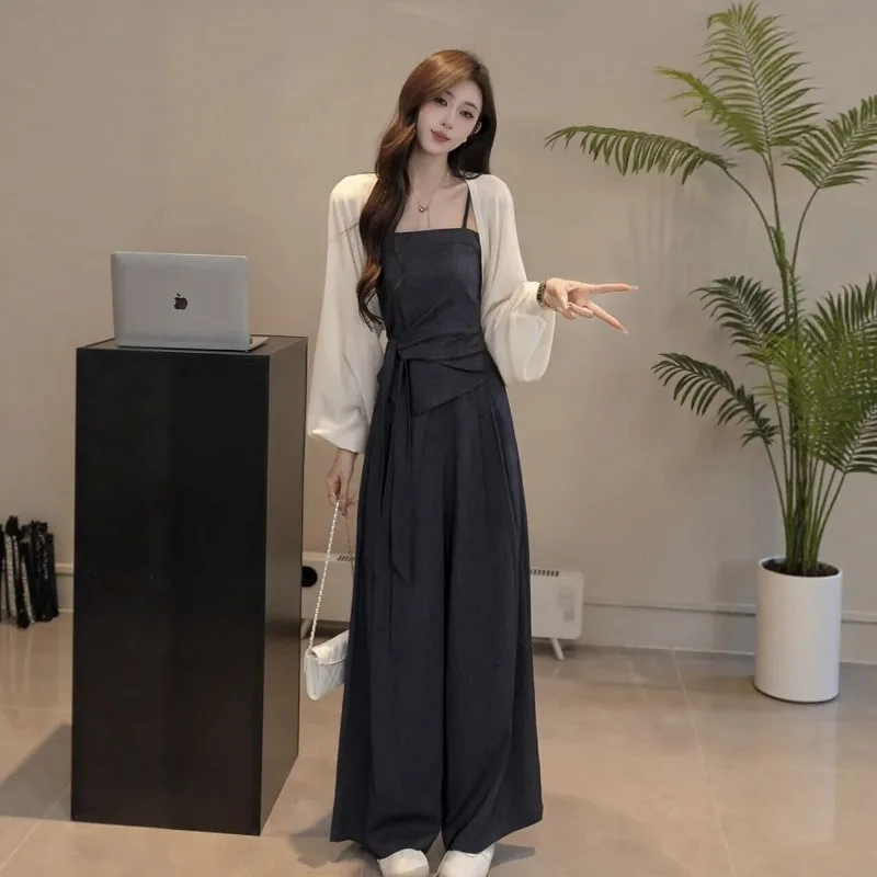 Korean Temperament Suspender Jumpsuit Women's Autumn New Long-sleeved Cardigan Two-piece Set Slimming Wide-leg Pants Fashion