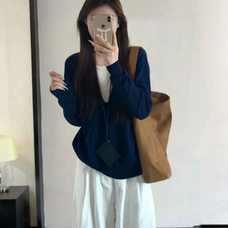 Y2K V Neck Sweater Women Fake Two Piece Long Sleeve Loose Knit Top Spring Autumn Soft Sticky