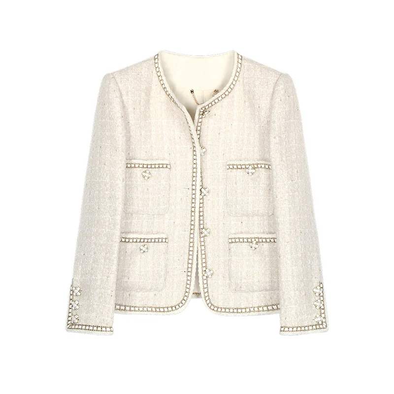 

Women High Quality Long Sleeve Jacket Small Fragrance Autumn Winter Simple Fashion French Tweed Woven Office Lady Elegant Jacket