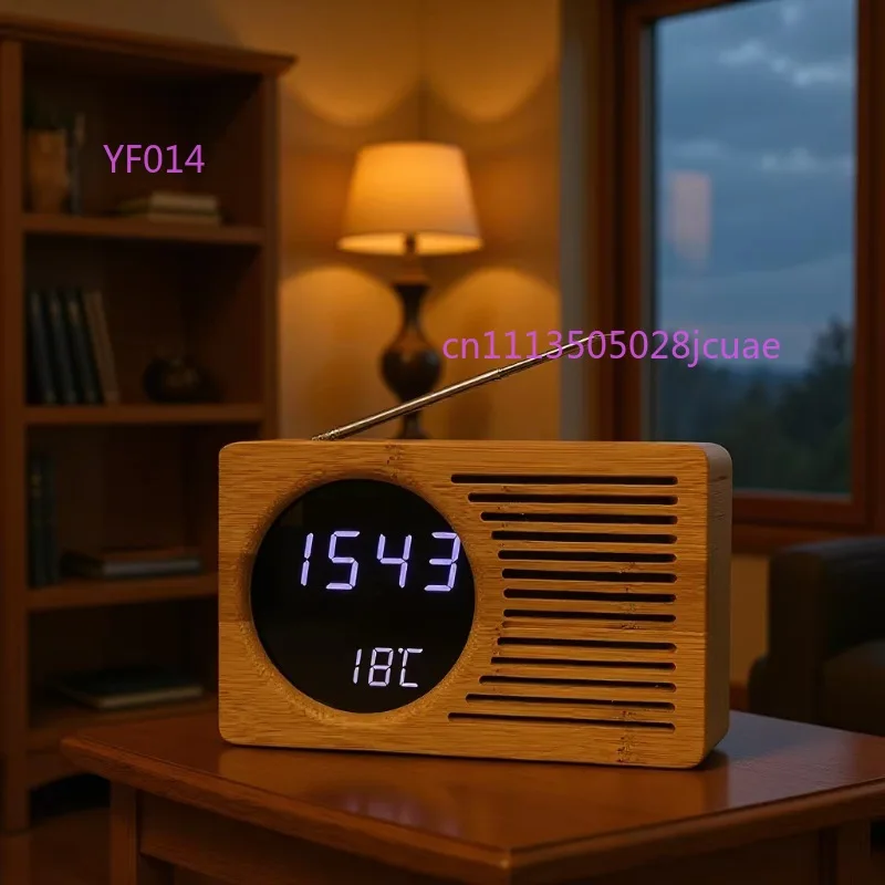 

Bamboo Texture LED Alarm Clock With FM Radio Temperature Display Multifunctional Bedside Electronic Clock 2602