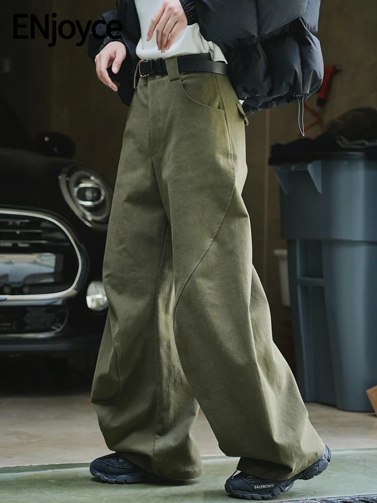 

Women 2024 Winter Vintage Green Wide Leg Pants Streetwear High Waist Cotton Loose Thickened Cargo Baggy Trousers Female