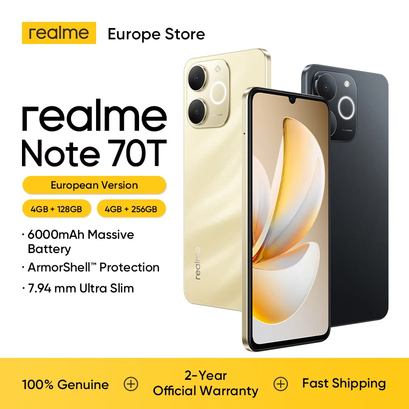 Smartphone/Mini téléphone realme Note 70T, version mondiale, 4+256 Go/4+128 Go, batterie massive de 6000 mAh, 4G, charge rapide 15 W avec 6 W Re