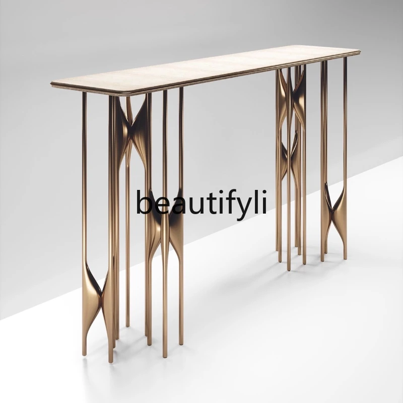 

Italian Style Light Luxury Entryway Leather Surface Console Table Creative Design Stainless Steel Long Table