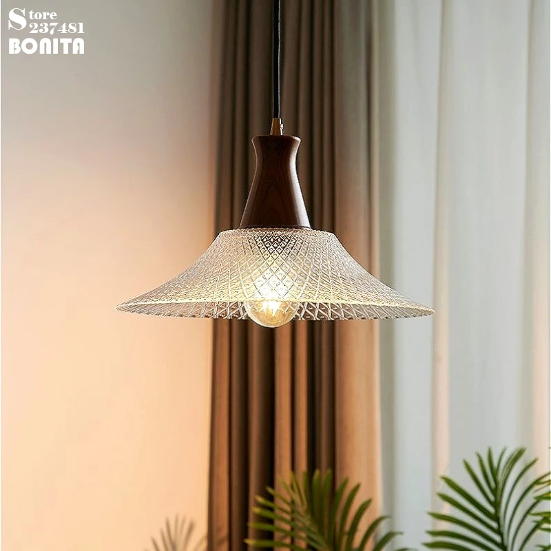 Vintage American Pendant Light, Solid Walnut & Embossed Glass Lampshade Chandelier for Cafe Bar Kitchen Island Bedroom Decor view 6