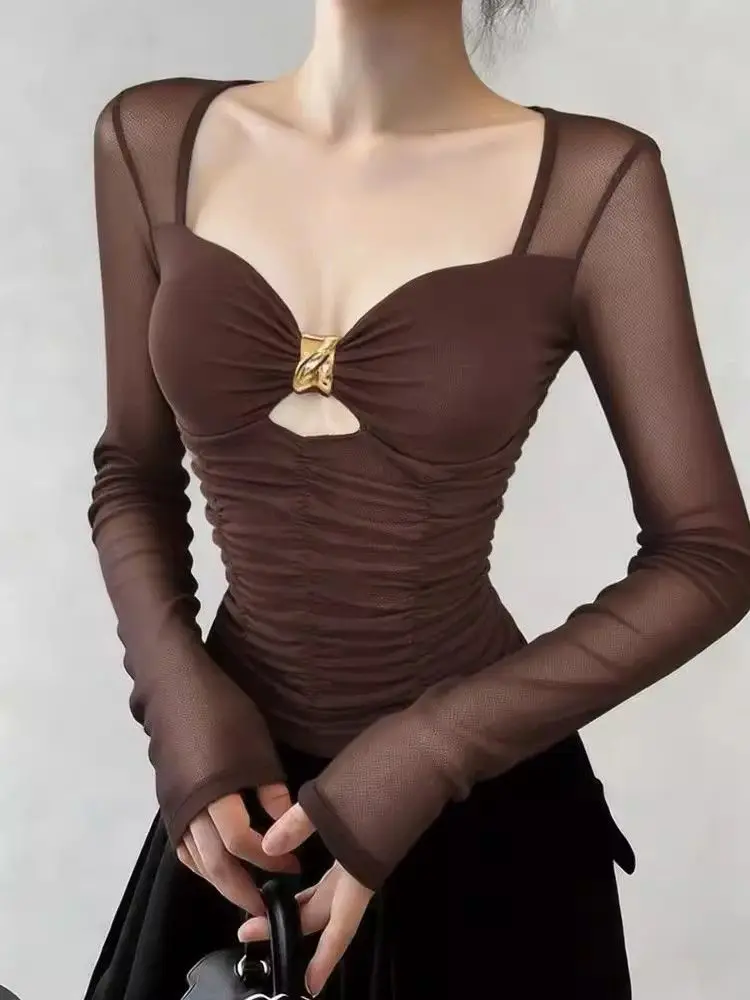 

Y2K Slim Long-sleeve Top T-shirt Vintage Tulle Patchwork Square Neck Girly Sexy Undershirt Women Layering Top Harajuku Clothes