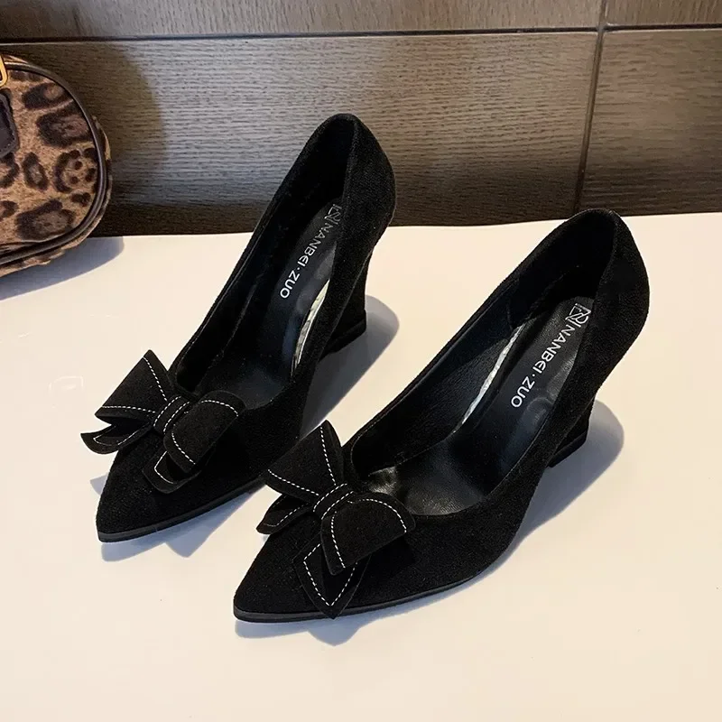 

New All-in-one Career Work Shoes Shallow Mouth wedge Shoe Pointed High Heels for Women Thick Heels 2025 Spring and Autumn