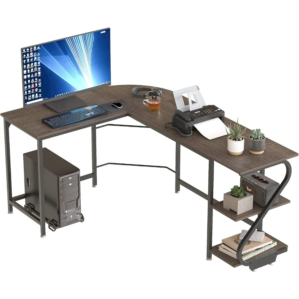 

Reversible L Shaped Desk with Shelves Large Corner Computer Gaming Desks for Home Office Writing Workstation Wooden Table