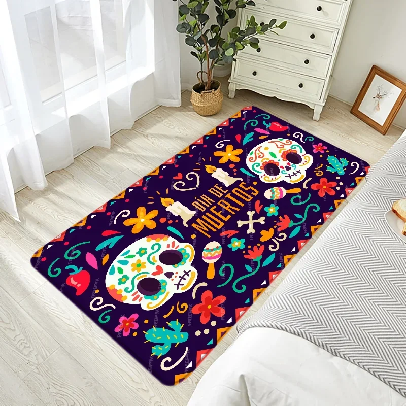 Day of The Dead Skull Floral Mexican Holiday Party Bathroom Door Non-slip Carpet Suitable for Floor Door Mats Home Decoration