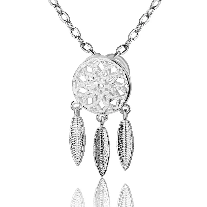 Boho 925 Sterling Silver Pendant Necklaces Hollow Flower Pattern Feather Design Necklace for Women Girls Party Jewelry Gift