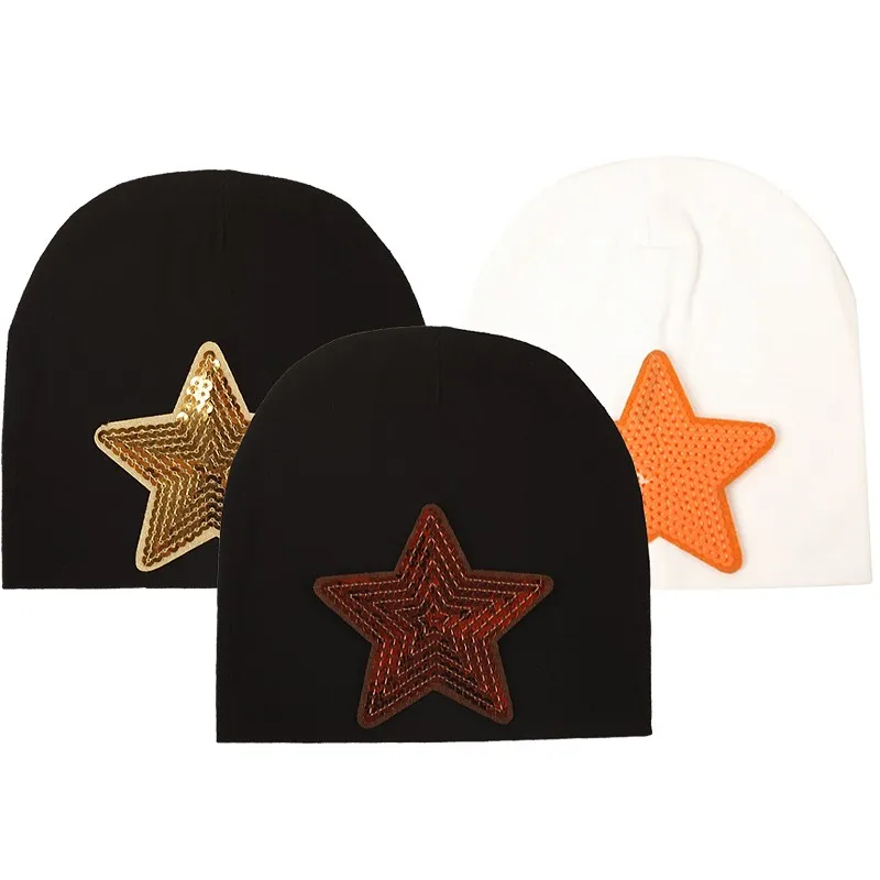 Cotton Baby Sequin Star Beanie Hat For Boys Girls 0-3 Months Spring Autumn Kids Solid Color Skull Cap With Accessory