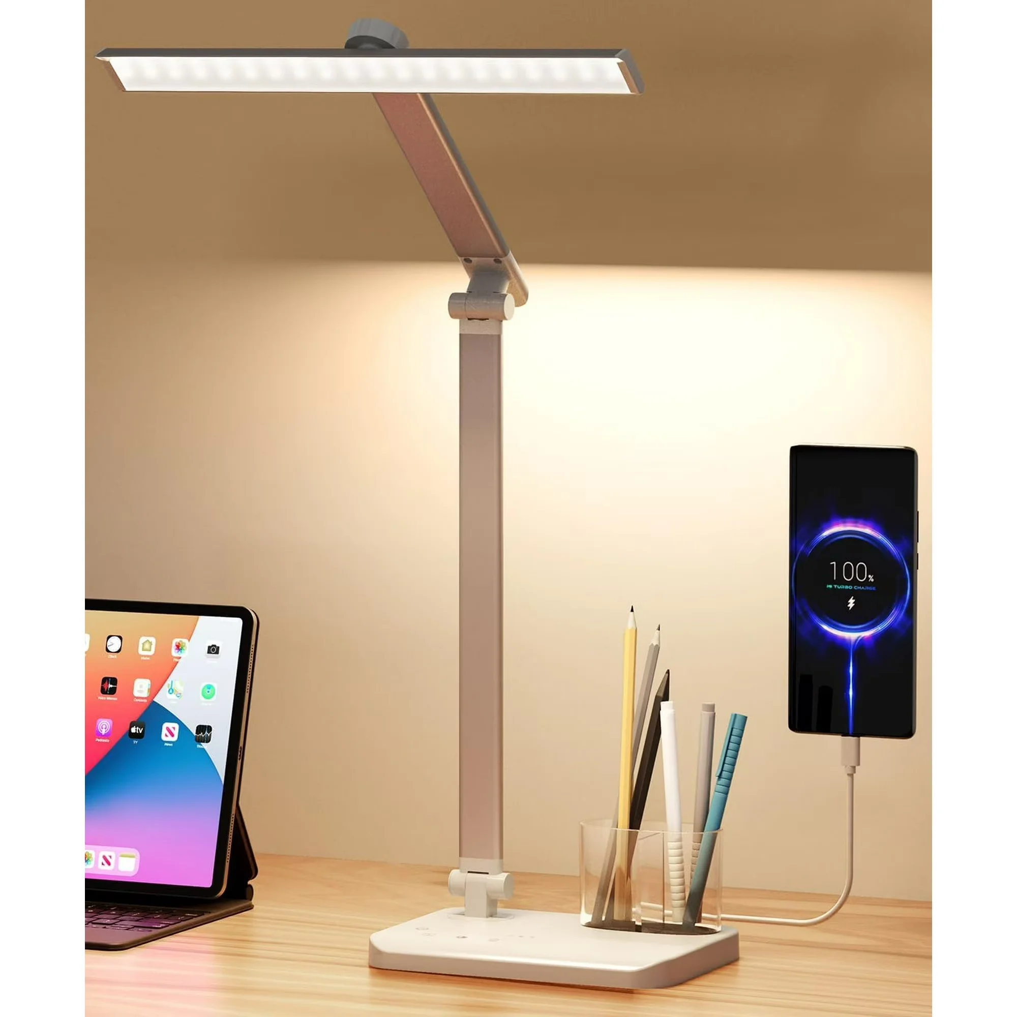 

LED Desk Lamp with USB Charging Port, Eye-Caring/Foldable, Touch Control Dimmable 5 Color Modes, 45 Min Auto-Off Timer