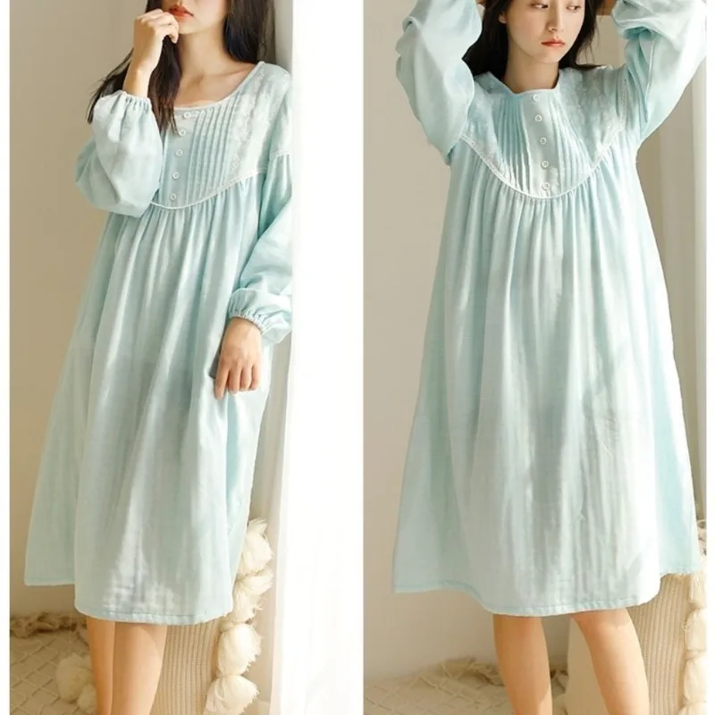 Pure Cotton Princess Style Pajama Dress Women's Spring Autumn Long Sleeve Sleep Skirt Girls New Fashion Loose Leisure Nightgowns