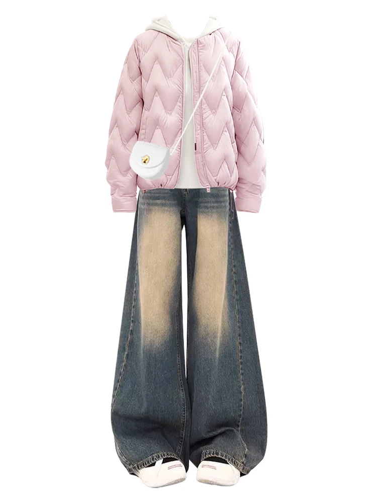 패셔너블한 레트로 컬리지 스타일 코튼 재킷 핑크 여성 겨울 세트 와이드 레그 진 하이웨이스트 루즈핏 가을...