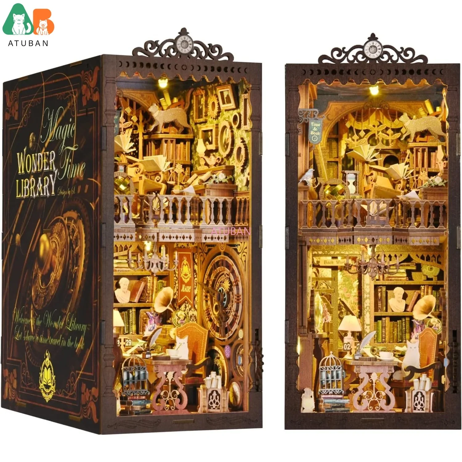 ATUBAN DIY Book Nook Kits, 3D Wooden Puzzles Bookshelf Insert Decorative Bookend Model Kits with LED,DIY Diorama Dollhouse Kit