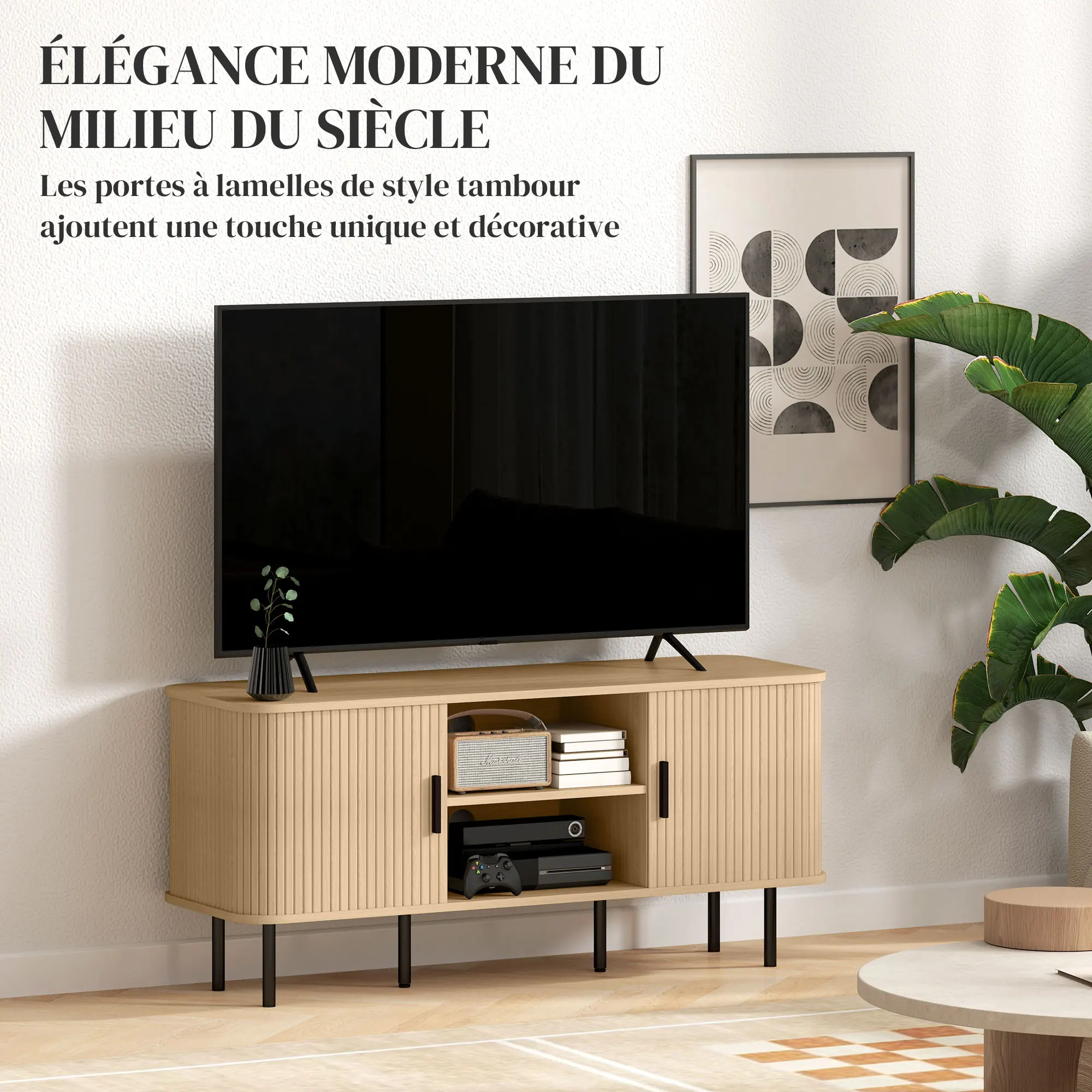 Mueble de TV de diseño escandinavo con 2 puertas de listones para televisores de hasta 55 pulgadas cm en tono roble