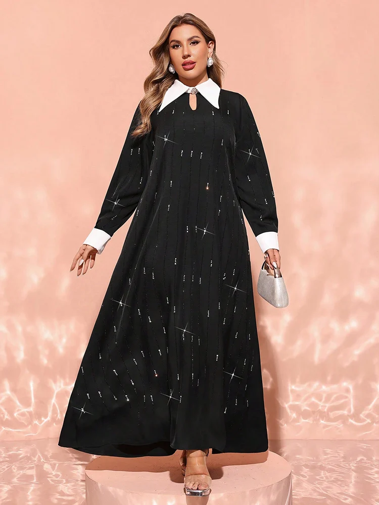 TOLEEN 2024 New Plus Size Women Luxury Elegant Contrast Color Turndown Collar Long Sleeve Maxi Loose Formal Arabian Party Dress